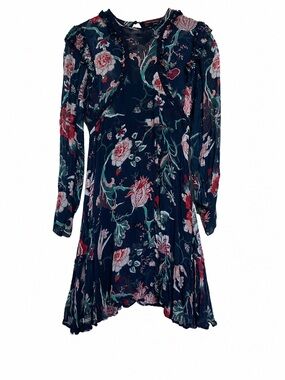 Navy Floral Long-Sleeve Ruffle Hem Dress